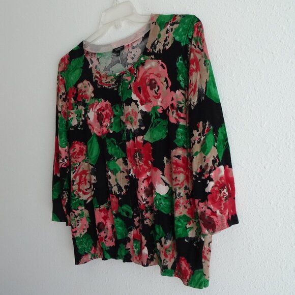 Talbots Floral Print Cardigan Sweater Women's Petite Plus Size 2X Black Pink - Picture 3 of 6